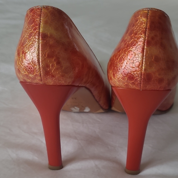 Leather Patterned Red-Orange Women's Heels - Picture 6 of 8
